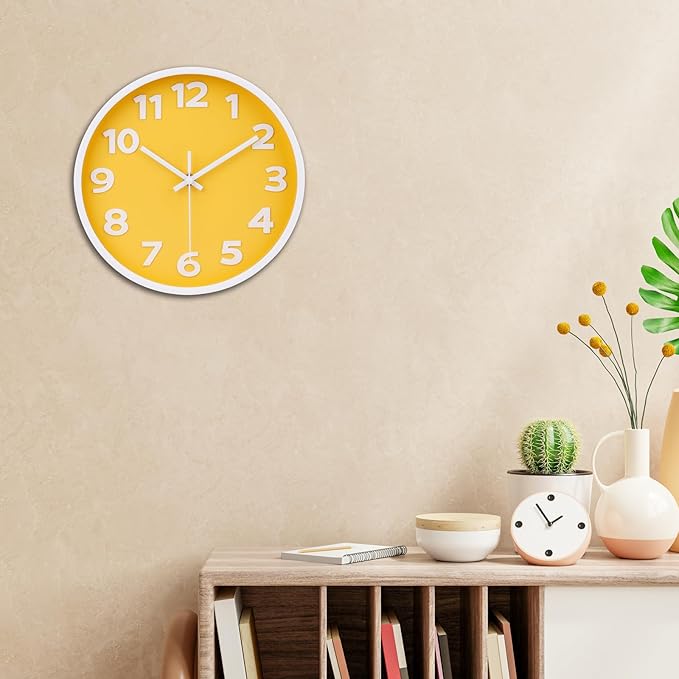 10 Inch Yellow Modern Wall Clock Silent Non-Ticking Battery Operated Wall Clocks for Home Office School Decor,3D Numbers Easy to Read