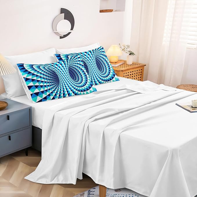 Bedorm Triangle Geometric Comforter Set 3D Abstract Bedding Set with Sheet Set Aqua Blue Triangle Tunnel Aesthetic Comforter Modern Psychedelic Bedding Comforter Set Queen