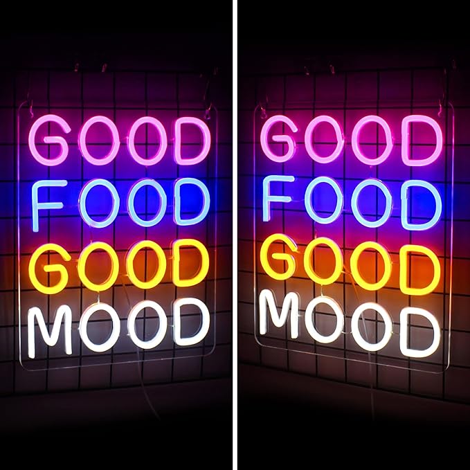 Horseneon Good Food Good Mood Neon LED Sign, Food Neon Signs for Wall Decor, Good Food Good Mood Neon Light with USB Powered for Snack Shop, Restaurant, Fast Food