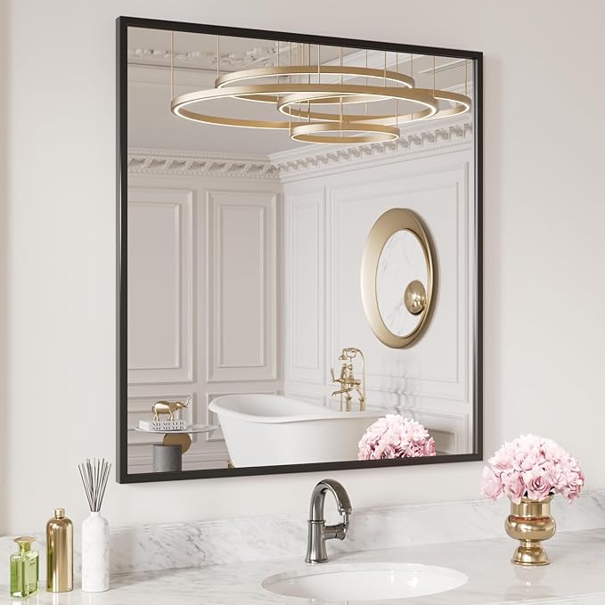 LOAAO 30"X36" Black Rectangle Bathroom Mirror Wall, Matte Black Aluminum Alloy Frame, Tempered Glass, Hangs Vertically or Horizontally, Easy to Install