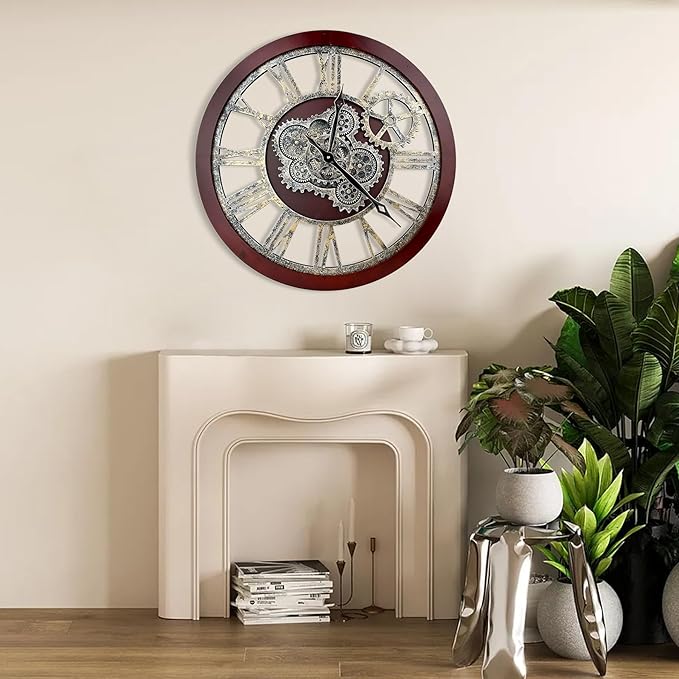 HOIBAI 18 Inch Big Moving Gears Farmhouse Vintage Rustic Roman Oversized Wall Clock for Home Bedroom Kitchen Decor