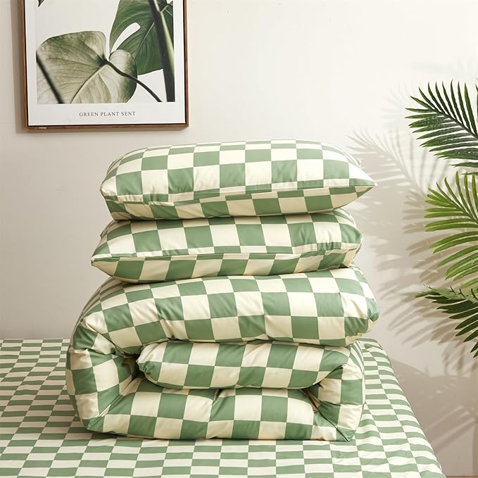 Pureant Green White Plaid Comforter Sets Queen Women Men Sage Green Checkerboard Grid Bedding Comforters Cotton Boys Girls Modern Grass Green and White Checkered Geometric Quilts Luxury Abstract Bed