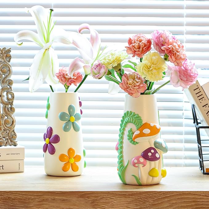 GUGUGO Pastel Flowers Vase, 8-Inch-Tall Rainbow Funky Mushroom Decor, Eclectic Vases for Flowers, Unique Colorful Decorative Vase, Cute Room Decor Aesthetic