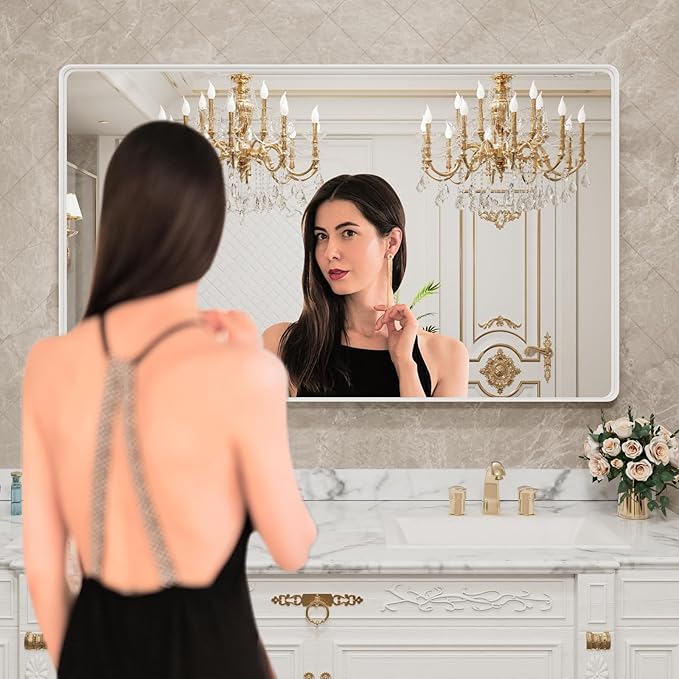 LOAAO 60x36 Inch White Metal Framed Bathroom Mirror for Wall, White Bathroom Vanity Mirror Farmhouse, Large Rounded Rectangle Mirror, Anti-Rust, Tempered Glass, Hangs Horizontally or Vertically