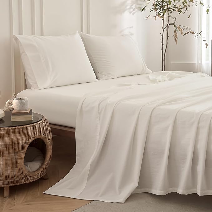 6PS Linen Like Bedding Sheet Sets Off White King Size Cotton Bedding Set Oeko-TEX Standard 100% Washed Cotton Deep Pocket King Size Fitted Sheet Plus Cozy Flat Sheet and 4 Pillowcases