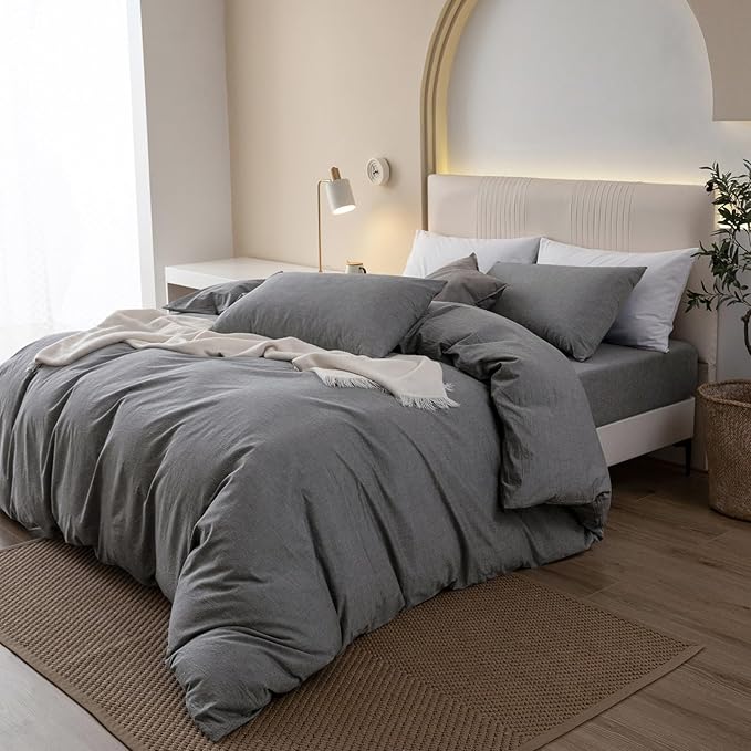 JIYUAN 100% Washed Cotton Duvet Cover Set 3 PCS Oversized King, 1 Duvet Cover 120"x98" (Comforter Not Included) and 2 Pillowcases,Linen Feel Bedding Set Comfy and Breathable, Heathered Dark Grey