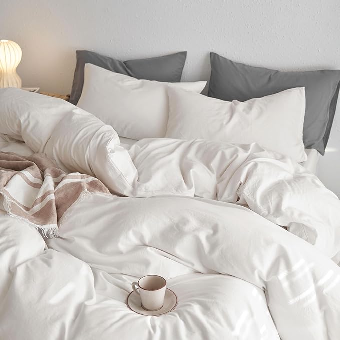 MooMee Full Duvet Cover Set, 100% Washed Cotton Linen Like Twill Thick Sturdy Material Super Soft Breathable Durable Bedding for All Season, 3 Pieces (Off White, Full 80"x90")