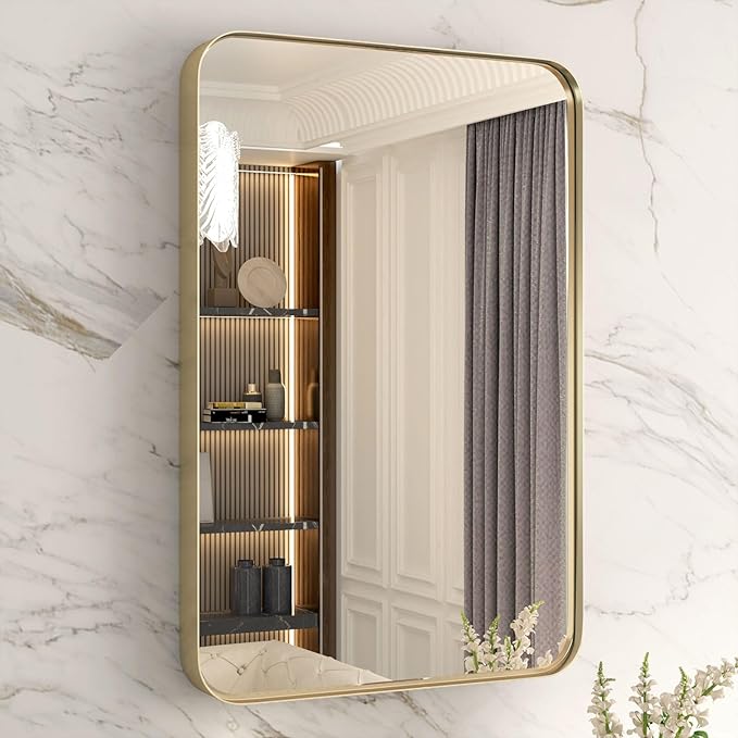 24x36 Inch Gold Bathroom Mirror, Brushed Metal Framed Rectangle Mirror with Rounded Corner, Gold Bathroom Vanity Mirror for Bedroom or Living Room, Horizontal/Vertical