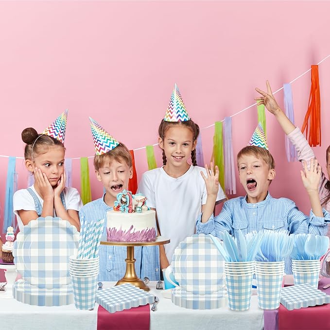 400PCS Light Blue Gingham Party Supplies, Scalloped Disposable Tableware Set Includes Paper Plates Napkins Cups Straws Forks Knives Spoons for Baby Shower Birthday Wedding Decorations, Serve 50