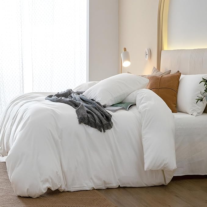 JIYUAN 100% Washed Cotton Duvet Cover Set 3 Pieces Alaska King, 1 Duvet Cover 132x120 Inches(Comforter Not Included) and 2 Pillowcases,Linen Feel Bedding Set Comfy and Breathable,Bright White
