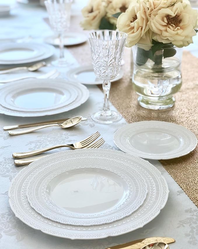 " OCCASIONS " 240 Plates Pack,(120 Guests) Extra Heavyweight Vintage Wedding Disposable/Reusable Plastic Plates 120x11'' Dinner + 120x8.25'' Salad/Dessert Plate (Chateau White)