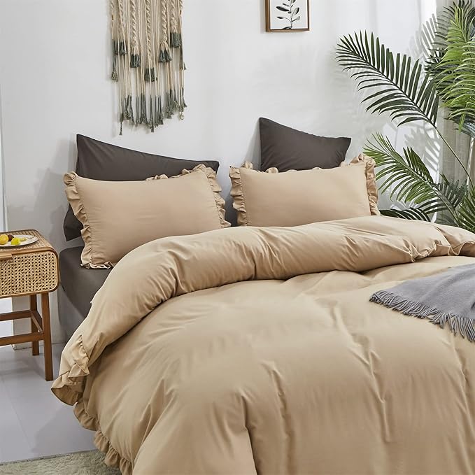 Luxlovery Champagne Ruffle Comforter Set Twin Light Khaki Bedding Comforter Farmhouse Shabby Beige Friange Quilts Blanket Soft Breathable Vintage Rustic Bedding Comforter Set for Women Men
