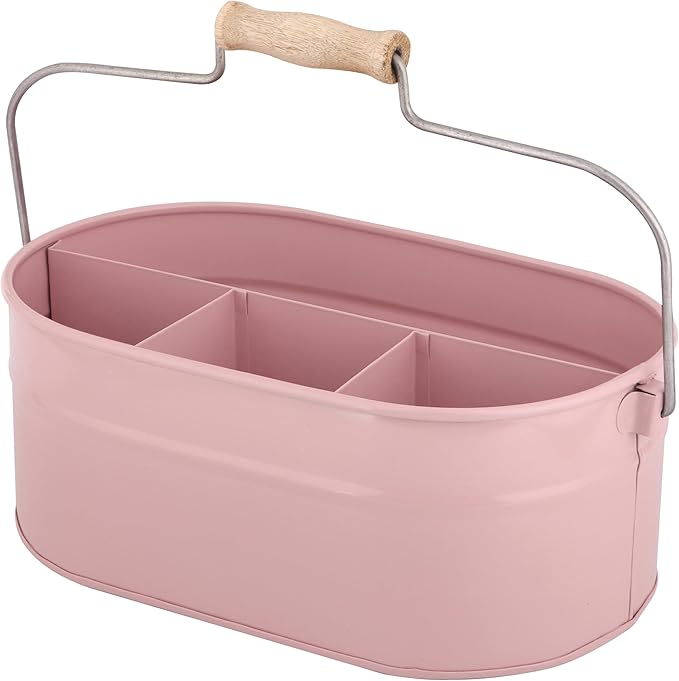 Alpha Living Home Farmhouse Utensil Caddy - 4 Compartment Silverware & Kitchen Organizer with Sturdy Wooden Handle, Heavy Duty Metal Alloy Utensil Holder Durable Powder-Coated Finish (Pink)