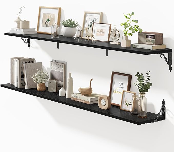 Fun Memories 55 Inch Floating Shelves, Long Floating Shelves Wall-Mounted, 8 Inch Deep Bookshelf with Bracket, 55" W x 8" D Shelves for Wall Display & Storage, Black, Set of 2