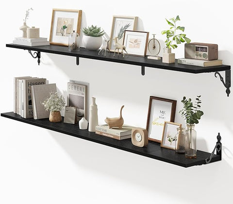 Fun Memories 55 Inch Floating Shelves, Long Floating Shelves Wall-Mounted, 8 Inch Deep Bookshelf with Bracket, 55" W x 8" D Shelves for Wall Display & Storage, Black, Set of 2