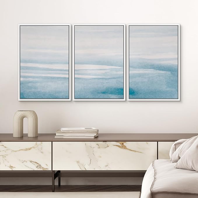 SIGNWIN 3 Piece Framed Canvas Wall Art Blue Sky Watercolor Nature Wilderness Illustrations Abstract Traditional Relax/Calm Home Artwork Decoration for Living Room,Bedroom - 16"x24"x3 White