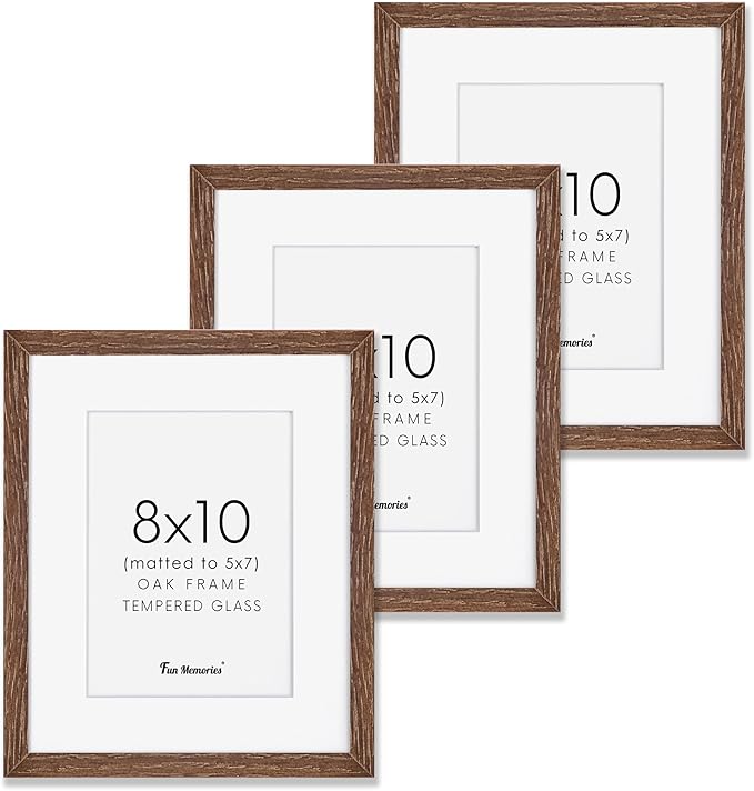 Solid Oak Wood Frame 8x10, 8 x 10 Frame Set of 3, 8"x10" Photo Frames with Stand, 8 by 10 Frame for Wall & Tabletop Display, 8x10 Wood Frame, Walnut Color