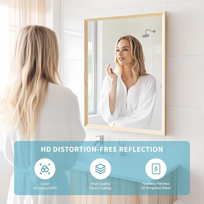 Oak Wood Effect Framed Wall Mirror, 24x36 Rectangle Mirror, 1/8" Anti-desilvering Tempered Glass, Sustainable& Sturdy Frame, Anti-Rust, HD Reflection &3min Fast Setup for Bathroom Living Room