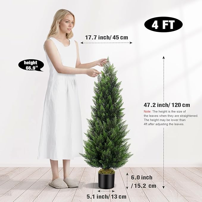 Artificial Topiary Cedar Trees 4FT Tall 2 Set, Outdoor Indoor Faux Pine Shrubs Plants, Realistic Fake Plants Front Porch Decor, Artificial Bushes Cypress for Home Front Door Offices