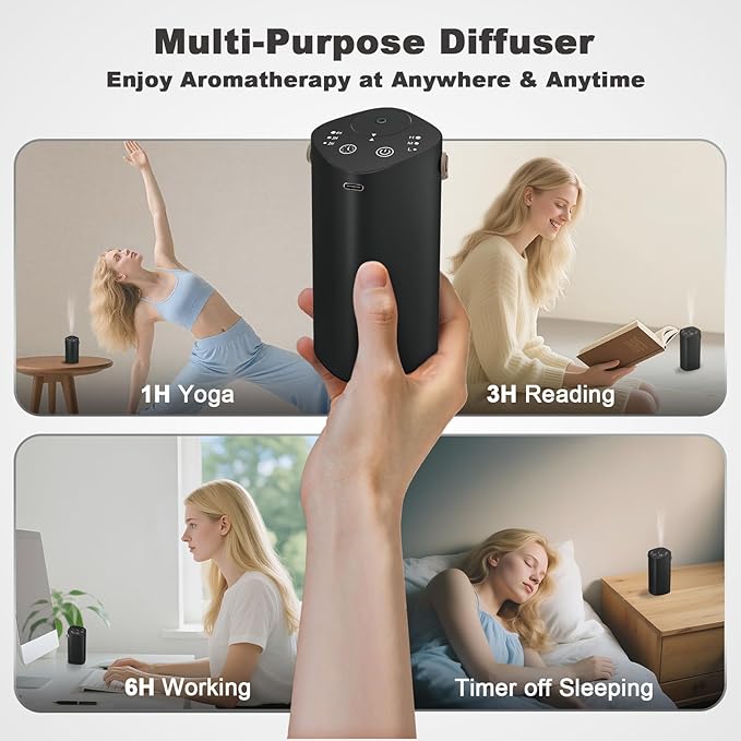 Car Waterless Essential Oil Diffuser with Handle, Timer (1/3/6H & Off), L/M/H Mist, Small Scent Aromatherapy Diffuser, Rechargeable Portable Cordless Air Aroma Diffuser for Home Office Bathroom, Black