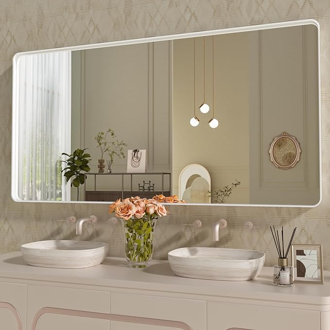 WEER White Bathroom Mirror 60X28 Inch, Rounded Rectangle White Metal Frame Mirror, Matte White Bathroom Vanity Mirror with Tempered Glass, Anti-Rust, Hangs Horizontally or Vertically