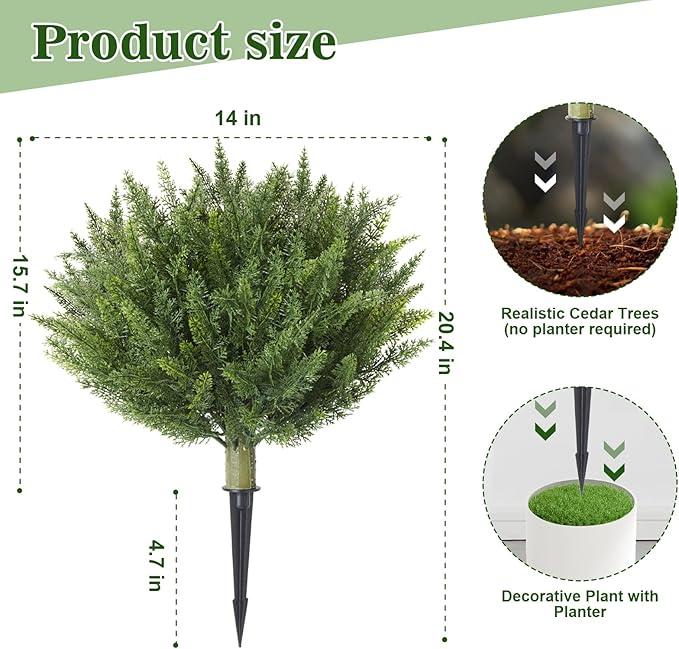 Set of 2 Artificial Cypress Topiary Outdoor Plants with Metal Spike 20", UV Resistant Faux Cedar Shrubs, Fake Shrubs Plants for Front Porch,Garden, Yard, Porch, Patio Decor