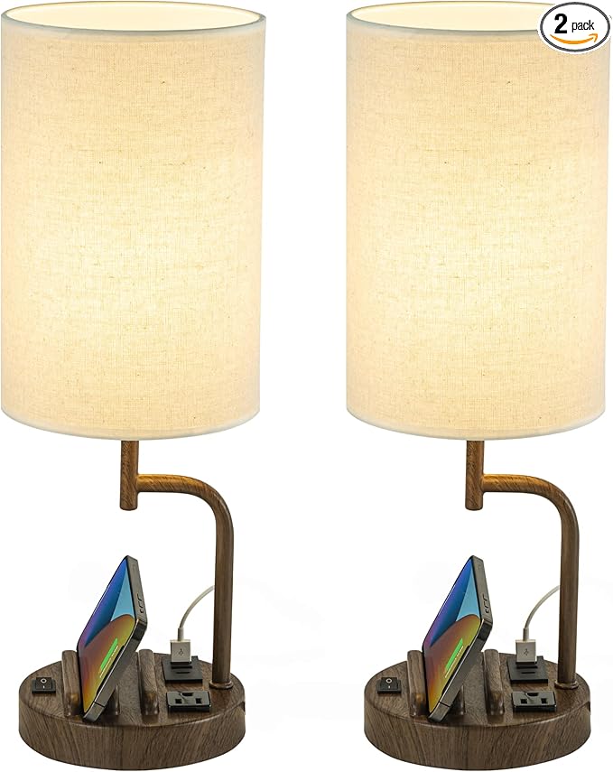Dreamholder Table Lamp with 3 USB Charging Ports, Modern Desk Lamp with AC Outlet and Phone Stands, Perfect Bedside Lamp for Bedroom, Living Room, Office (Pack of 2), Walnut