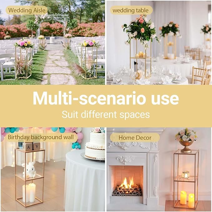 2-Tier Metal Flower Stand Set with Acrylic Shelves, Geometric Display Rack for Wedding Centerpieces, Party Decor, Tall Floor Vase Stand (Gold, 2 Pcs-25)