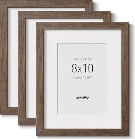 Yaetm 8x10 Picture Frame with Mat for 5x7 – Brown Walnut, Rustic Solid Wood Frame 8 x 10 with Tempered Glass for Art Print & Picture, Display on Tabletop & Wall (3 Pack, Walnut)