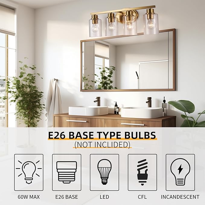 Modern Brushed Gold Bathroom Vanity Light Fixtures Over Mirror, 4 Light Rectangular Wall Mount with Clear Seeded Glass, Anti-Rust, 24.02 x 11.61 x 8.07 inches