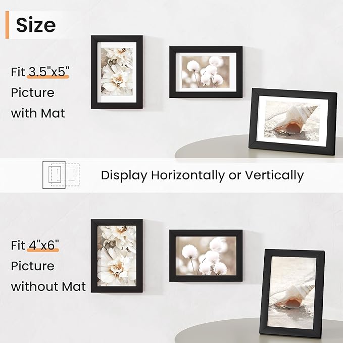4x6 inch Picture Frame, 4x6 Photo Frames with 3.5x5 Removable Mat - High Definition Plexiglass - Vertical and Horizontal Display - Wall Hanging Frame - Black, 12 Pack