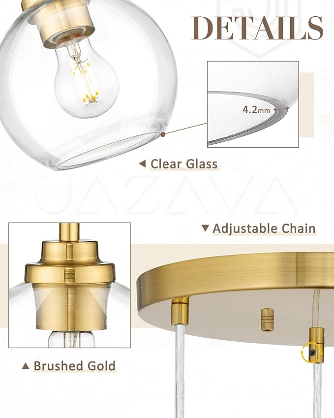 Gold Cluster Pendant Light, 3-Light Globe Hanging Light Fixture, Kitchen Island Lighting with Clear Glass for Dining Room Living Room Laundry Entrance Foyer, ZCPL101BG-3C