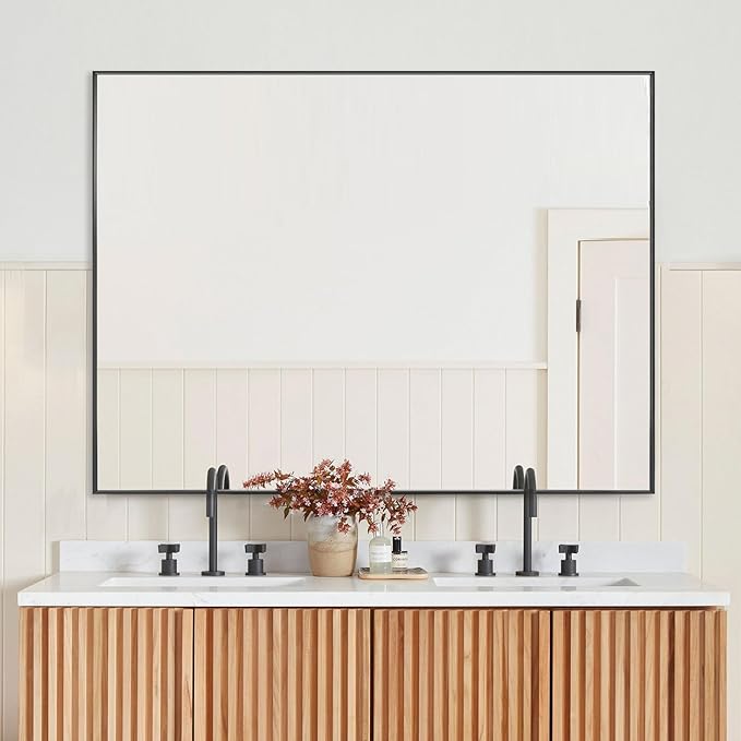 36x48 Inch Black Bathroom Mirror, Copper-Free, Aluminum Alloy Frame Vanity Rectangle Wall Mounted Modern Mirror for Bedroom/Living Room/Porch Horizontal or Vertical