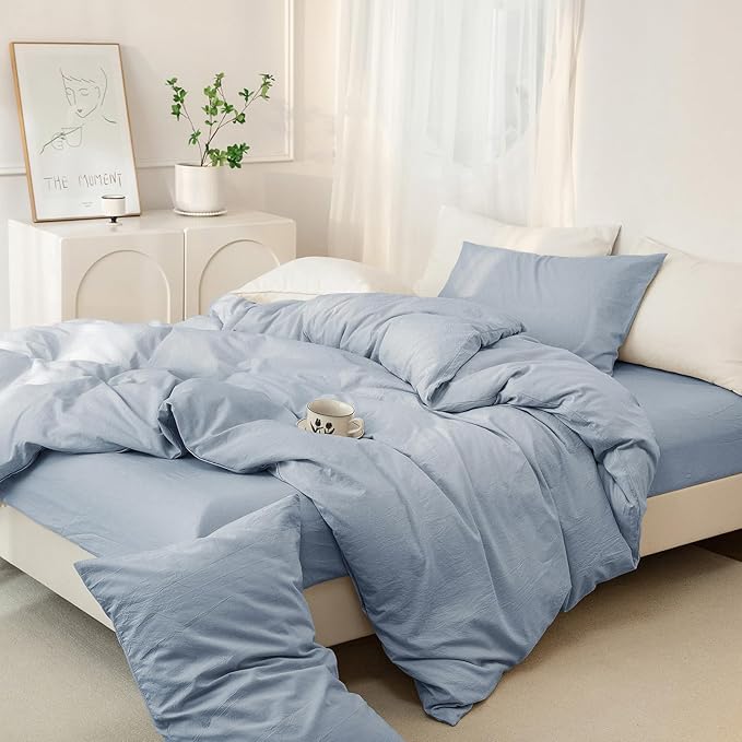 JIYUAN 100% Washed Cotton Duvet Cover Set 3 Pieces Super Queen, 1 Duvet Cover 90x98 Inches(Comforter Not Included) and 2 Pillowcases,Linen Feel Bedding Set Comfy and Breathable, Heathered Light Blue
