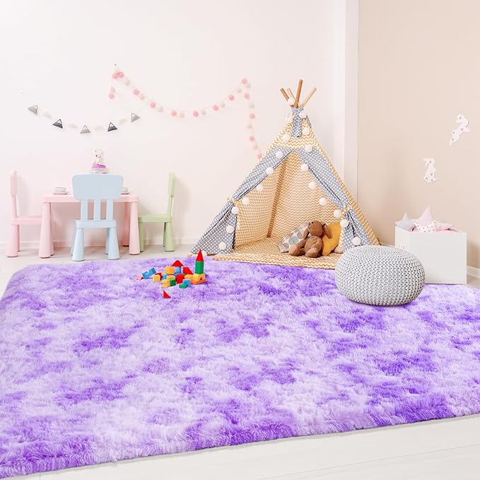 6x9 Tie Dyed Purple Large Plush Area Rugs for Living Room, Shag Fuzzy Rug for Bedroom, Ultra Soft Fluffy Furry Carpets for Kids Room, Indoor Carpet Nursery Rugs for Kids Room Home Decor