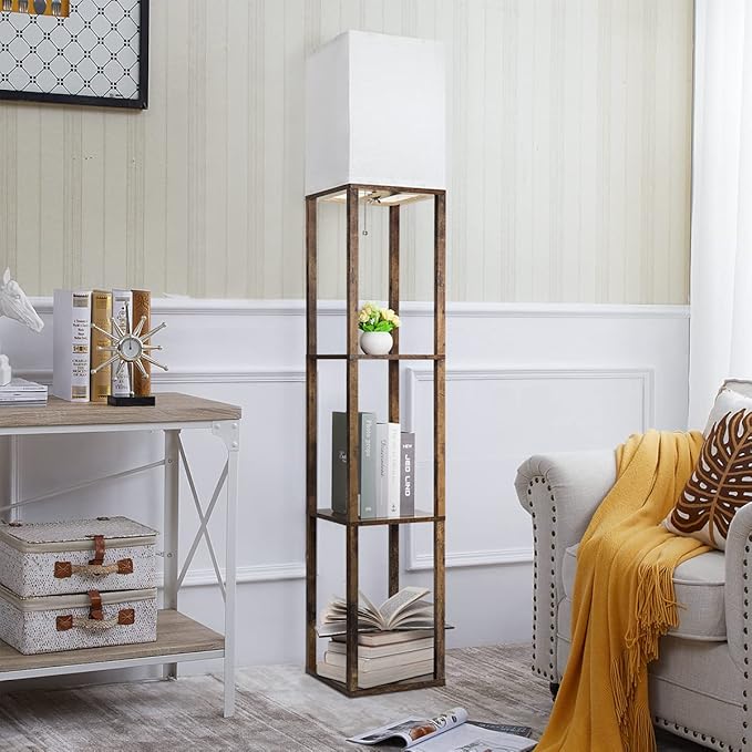 Dott Arts Floor Lamp with Shelves, 3 Color Temperature LED Bulb, Wood Texture, Storage, Brown