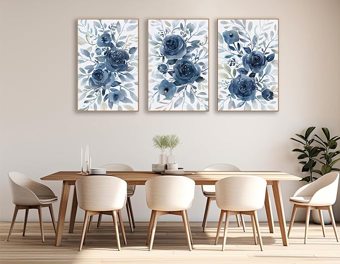 Large Retro Framed Wall Art - Natural Float Framed Blue Flowers White Canvas Pictures for Living Room Decor Indigo Floral Leaf Artwork for Bedroom Kitchen Home Office Decoration 72" X 36" Set of 3