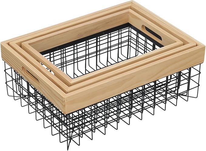 Set of 3 Metal Wire Baskets for Organizing Wood Top with Handles Storage Organizer Farmhouse Decor for Kitchen Cabinets Pantry Laundry Room Bathroom Closets Nesting Countertop Baskets