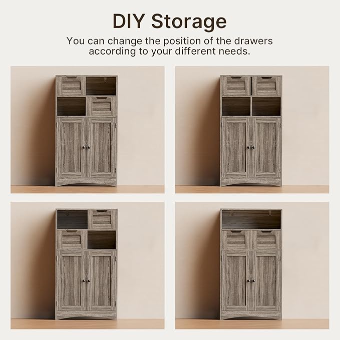 Gizoon Storage Cabinet, Bathroom Cabinet with 2 Drawers and Adjustable Shelves, Freestanding Storage Organizer with Doors for Bathroom, Living Room, Kitchen, Home Office, Hallway