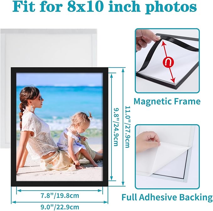CRUGLA 8x10 Magnetic Picture Frames for Refrigerator, 4 Packs 8 By 10 Picture Frame with Self-Adhesive Backing Set for Glass Window Door Cubicle Tile Wall, Black