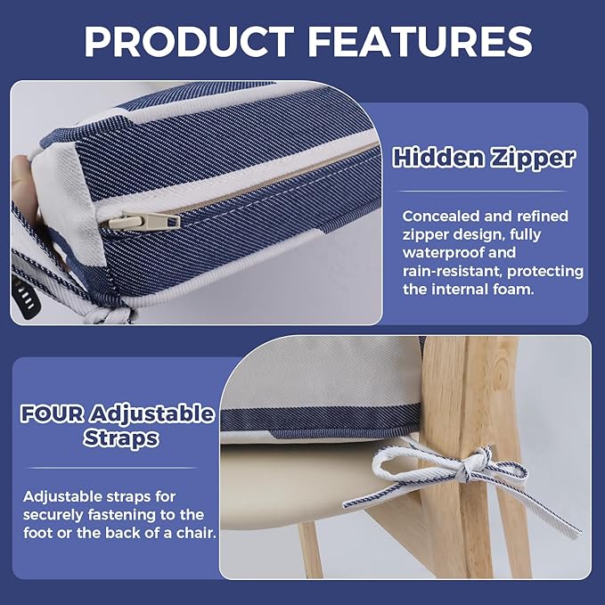 Outdoor Chair Cushion 18 x 18 x 3 Inch, Waterproof & 3-Year Fade Resistant Patio Furniture Cushions, Removable Cover and Adjustable Ties for Garden Sofa Couch (Sapphire Blue Cabana Stripe)