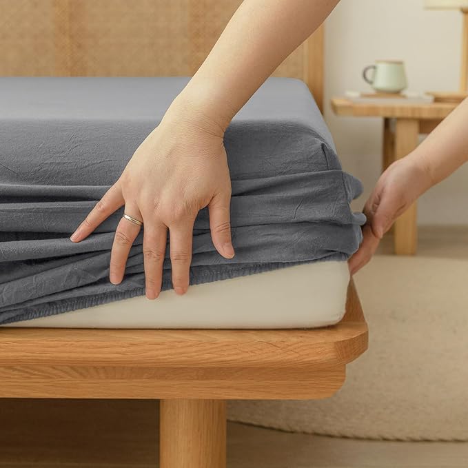 BESTOUCH Sheet Set 100% Washed Cotton Linen Feel Super Soft Comfortable Chic Lightweight 4 Pcs Home Bedding Set Solid Quiet Shade Grey King