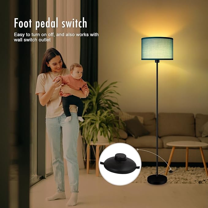 Black Floor Lamp Standing Lamp, 58" Tall LED Floor Lamp, Simple Living Room Lamps with Lampshade, Foot Pedal Switch, Small Tall Lamp for Bedroom/Dining Room/Boys' Room/Girls' Room, Green(Without Bulb)