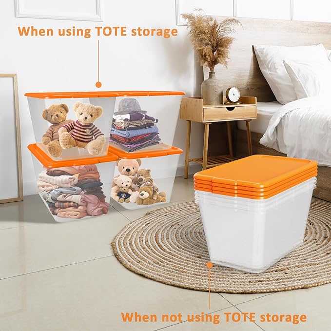 Storage Totes with Lids - Made in USA 14.5-Gallon (58-Quart) 4-Pack storage bins with lids plastic storage containers large storage boxes for Organizer Orange/Clear