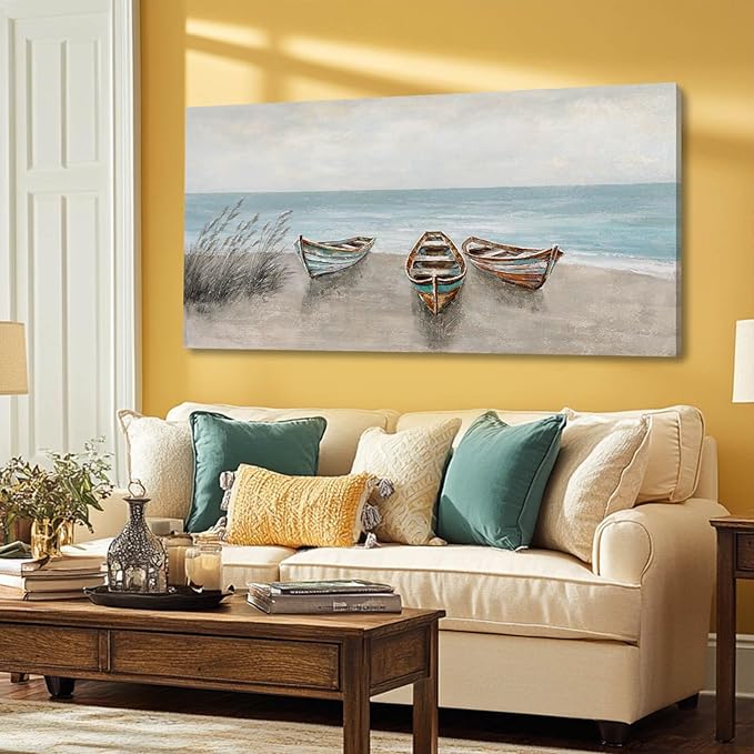 WINKAILIN Coastal Wall Art Beige and Blue Pictures Wall Decor Boat Canvas Prints 24"x 48" Scenery Artwork Vintage Posters for Bedroom Office Home
