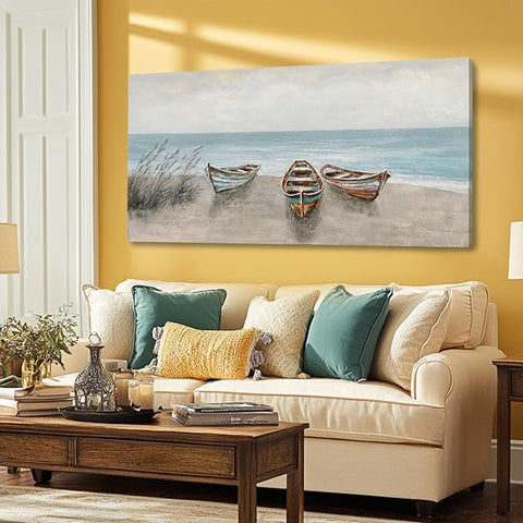 WINKAILIN Coastal Wall Art Beige and Blue Pictures Wall Decor Boat Canvas Prints 24"x 48" Scenery Artwork Vintage Posters for Bedroom Office Home