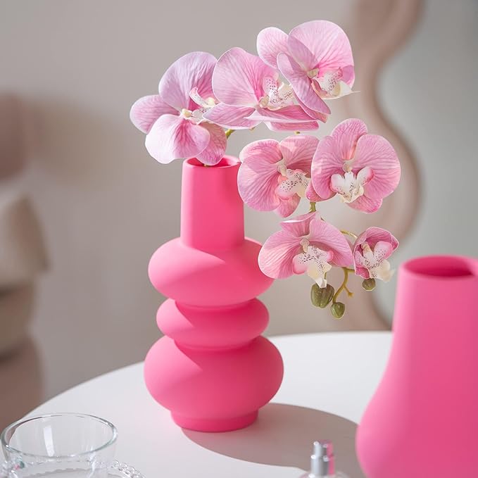 BLOFLO Hot Pink Ceramic Vase, Colorful Ceramic Vase, Modern Dried Flower Vases, Pink Round Vase for Centerpieces Wedding Dinner Table Party Office, Housewarming Gift (3 Layers Pink)