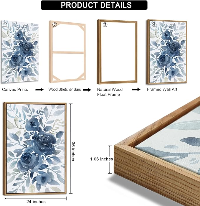 Large Retro Framed Wall Art - Natural Float Framed Blue Flowers White Canvas Pictures for Living Room Decor Indigo Floral Leaf Artwork for Bedroom Kitchen Home Office Decoration 72" X 36" Set of 3