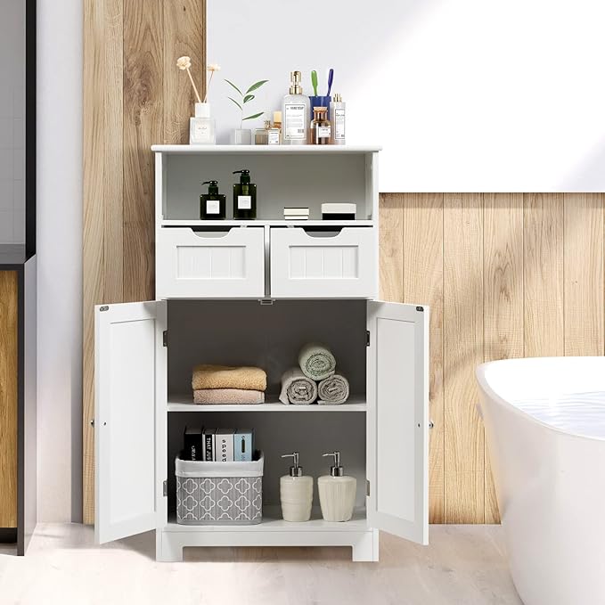COSTWAY Bathroom Storage Cabinet, Freestanding Storage Organizer with 2 Drawers & Adjustable Shelf, Wooden Floor Cabinet for Living Room, Bedroom, Kitchen, Entryway (White)