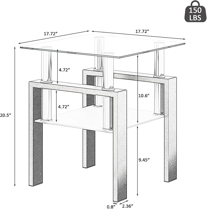 IANIYA Modern Glass End Table, 2-Tier Side Table with Tempered Glass Top & Metal Legs, Night Stand Corner Table for Living Room, Bedroom